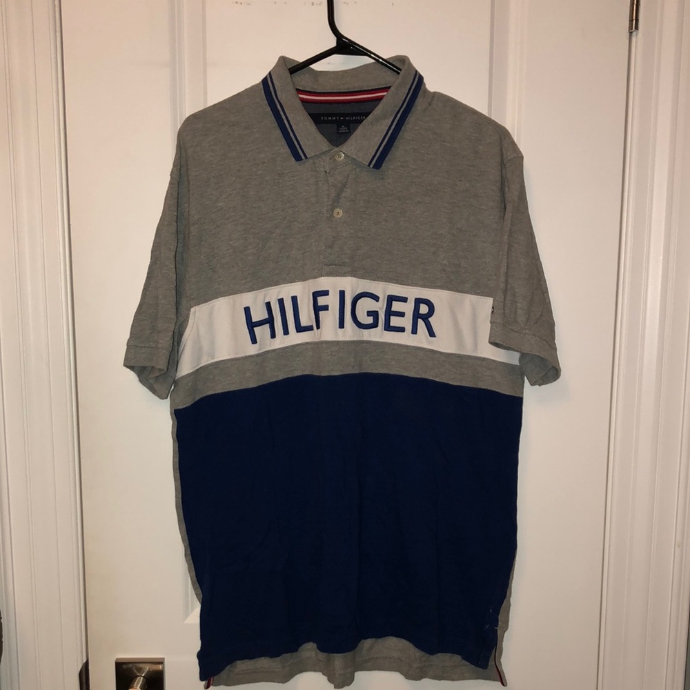 Tommy Hilfiger Men's Grey & Navy Logo Polo Shirt - Size XL